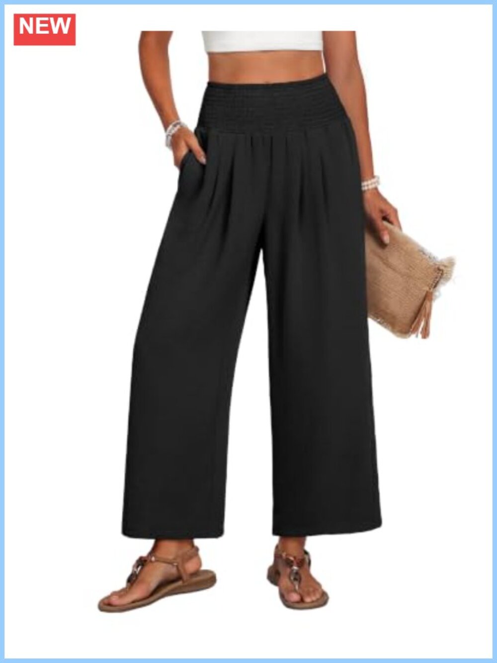 Wide Leg Palazzo Pants Pleated High Waist Elastic Pockets